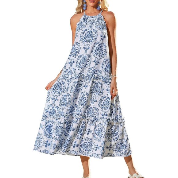 Long Beach Floral Maxi Dress Sleeveless Summer Boho Casual Flowy Dress